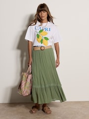Apricot Green Lace Insert Belted Midi Skirt - Image 1 of 5