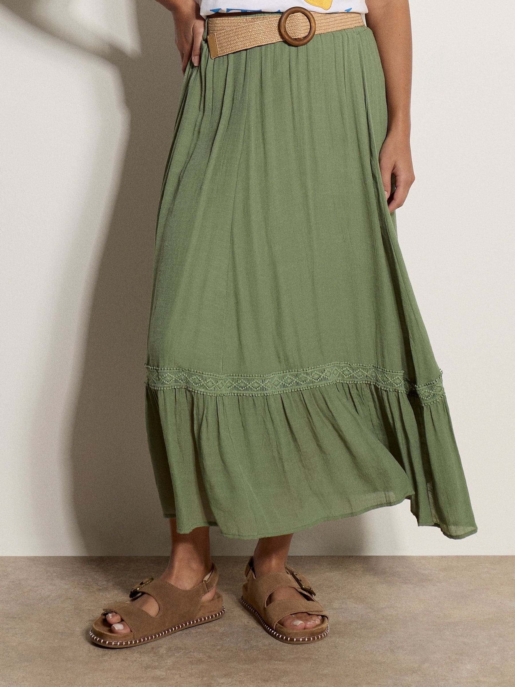 Buy Apricot Green Lace Insert Belted Midi Skirt from the Next UK