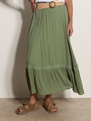 Apricot Green Lace Insert Belted Midi Skirt - Image 2 of 5
