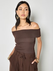Apricot Brown Rib Knit Bardot Top - Image 1 of 4