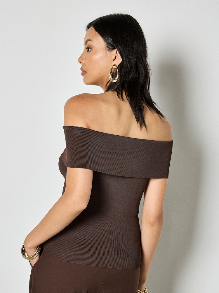 Apricot Brown Rib Knit Bardot Top - Image 4 of 4