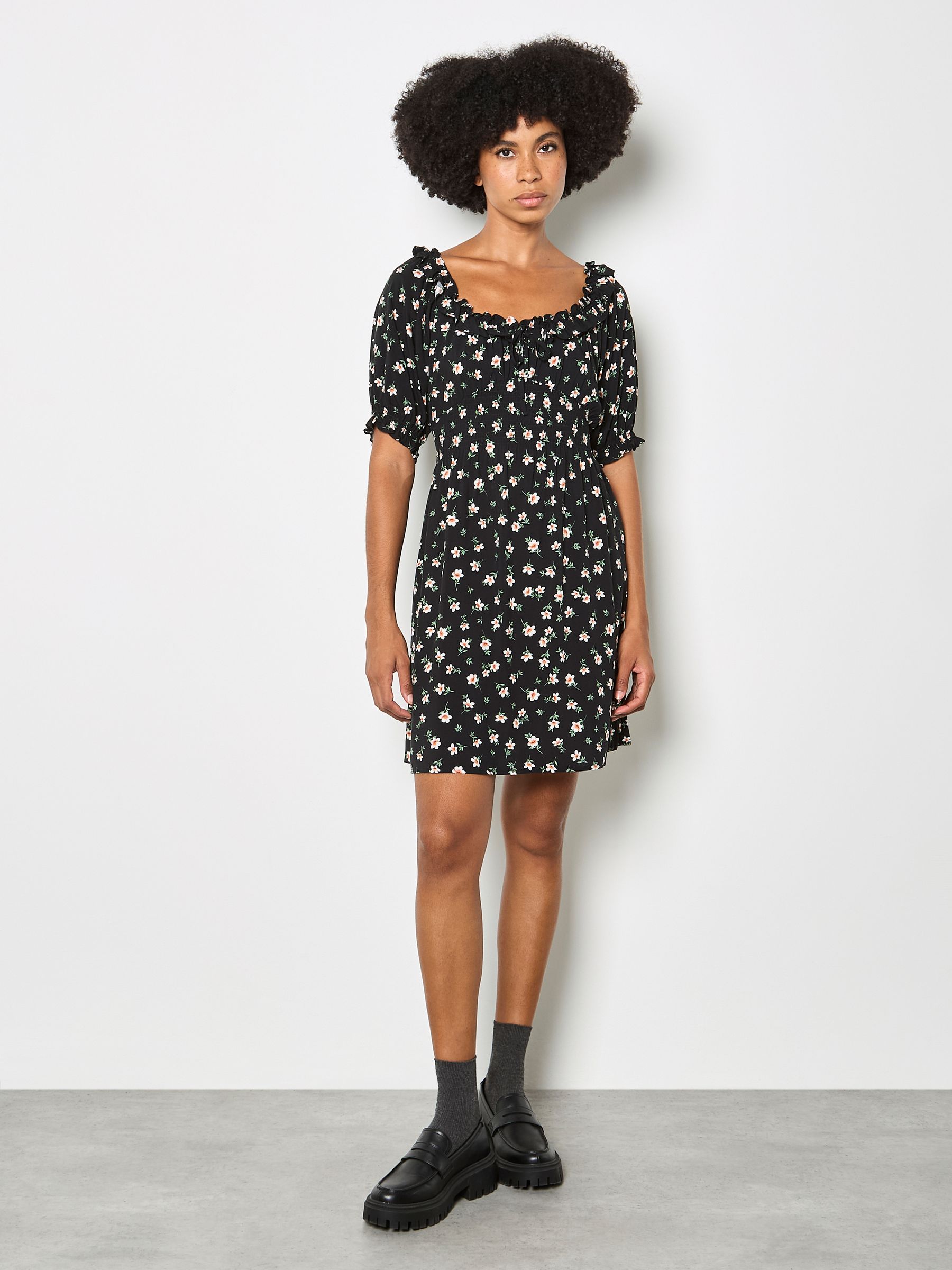 Buy Apricot Black Floral Ruffle Milkmaid Mini Dress from Next