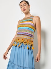 Apricot Brown Colourful Stripe Tassel Crochet Top - Image 1 of 5