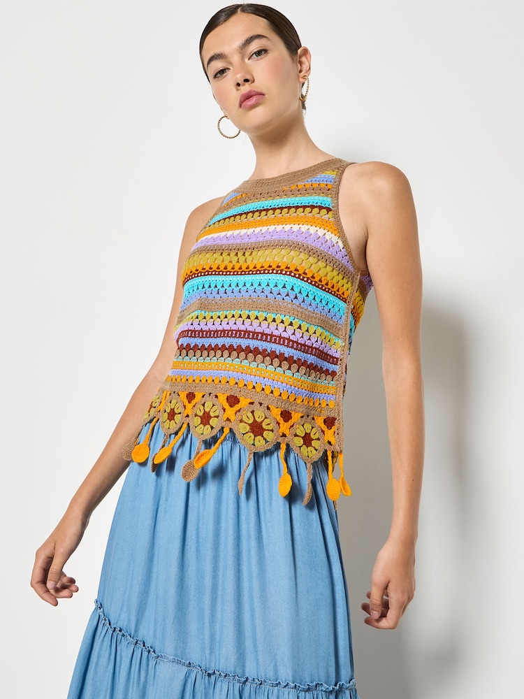 Apricot Brown Colourful Stripe Tassel Crochet Top - Image 1 of 5