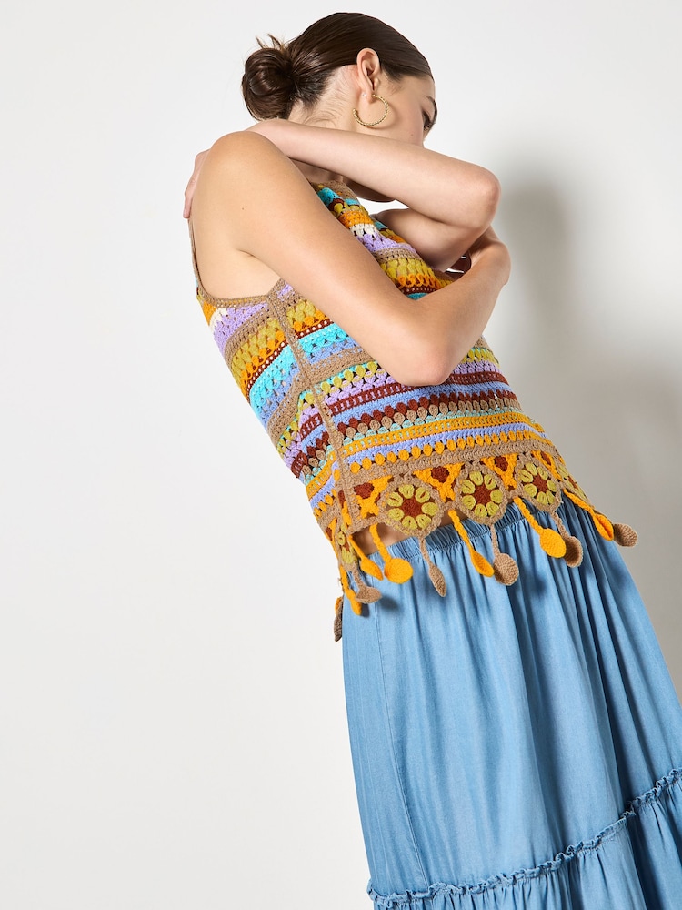 Apricot Brown Colourful Stripe Tassel Crochet Top - Image 2 of 5
