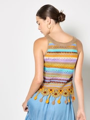 Apricot Brown Colourful Stripe Tassel Crochet Top - Image 5 of 5