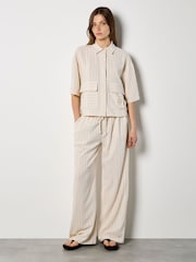 Apricot Natural Pinstripe Linen Blend Wide-Leg Trousers - Image 1 of 4