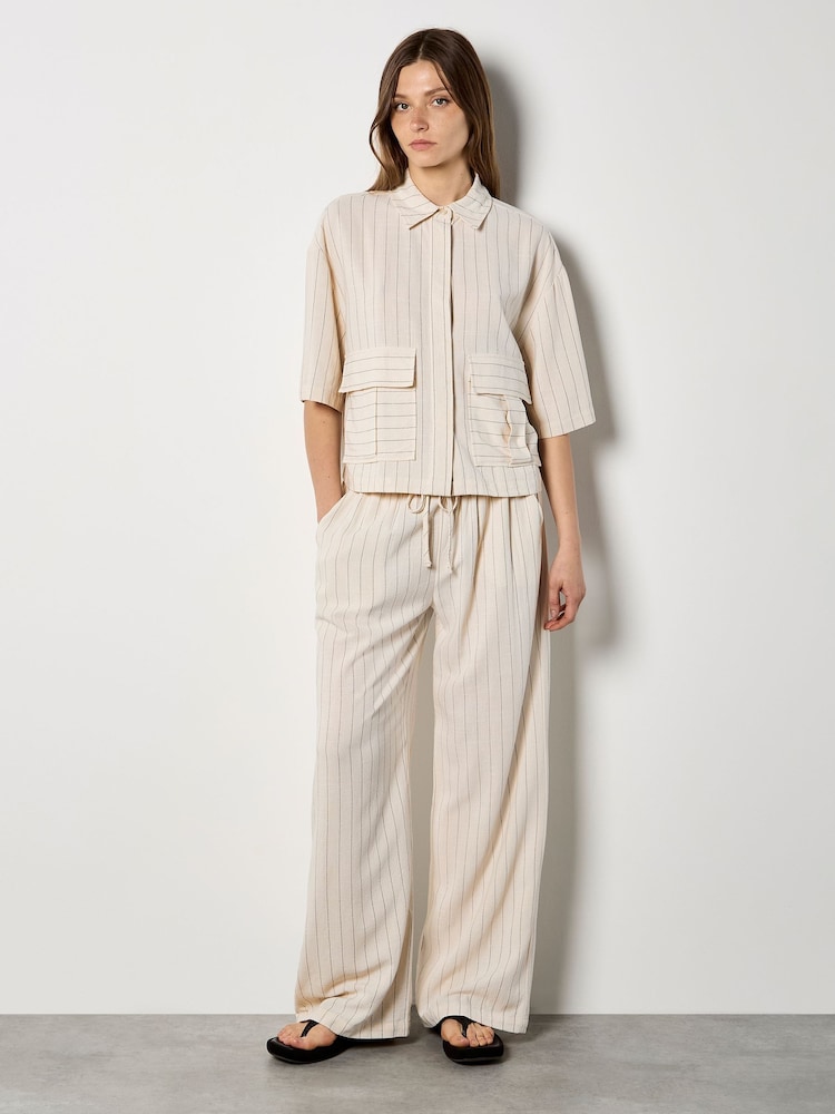 Apricot Natural Pinstripe Linen Blend Wide-Leg Trousers - Image 1 of 4