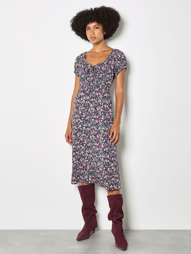 Apricot Ditsy Floral Milkmaid Midi Dress - Imagen 1 de 4