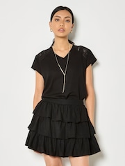 Apricot Black Linen Blend Ruffle Tiered Mini Skirt - Image 1 of 4