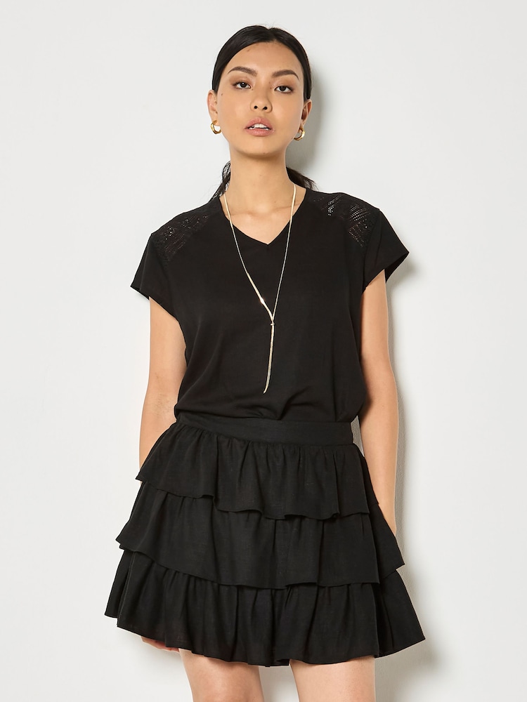 Apricot Black Linen Blend Ruffle Tiered Mini Skirt - Image 1 of 4 Apricot Black Linen Blend Ruffle Tiered Mini Skirt - Image 1 of 4