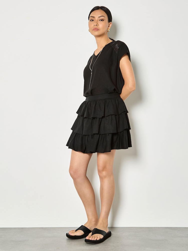 Apricot Black Linen Blend Ruffle Tiered Mini Skirt - Image 4 of 4 Apricot Black Linen Blend Ruffle Tiered Mini Skirt - Image 4 of 4