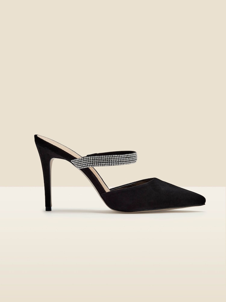 Sosandar Black Black Sofia Suede Diamante Strap Pointed Toe Mules - Image 1 of 5