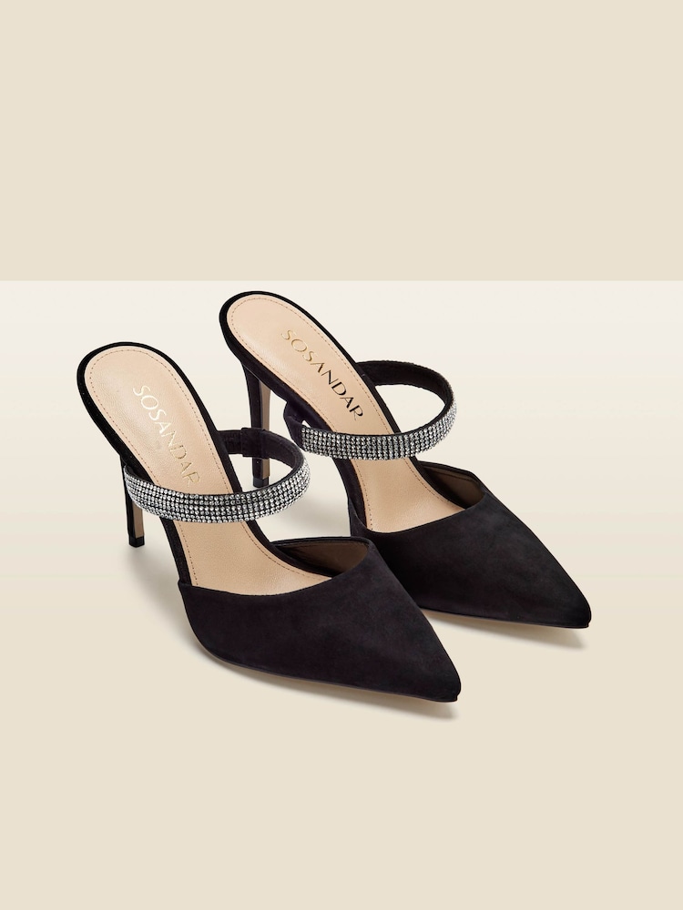 Sosandar Black Black Sofia Suede Diamante Strap Pointed Toe Mules - Image 2 of 5