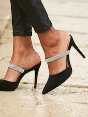 Sosandar Black Black Sofia Suede Diamante Strap Pointed Toe Mules - Image 5 of 5