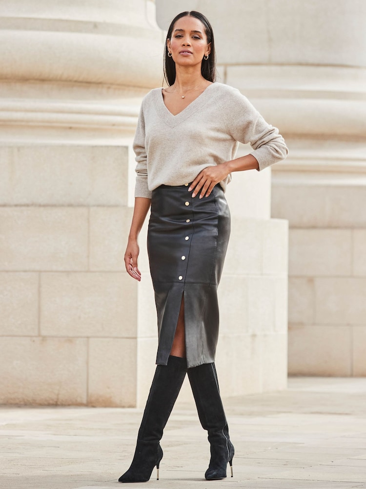 Buy Sosandar Black Leather Gold Button Midi Pencil Skirt from Next USA