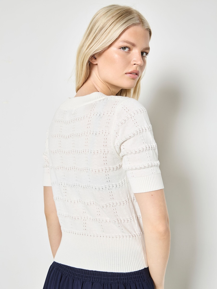 Apricot White Stripe Pointelle Knit Cardigan - Image 2 of 4