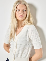 Apricot White Stripe Pointelle Knit Cardigan - Image 3 of 4