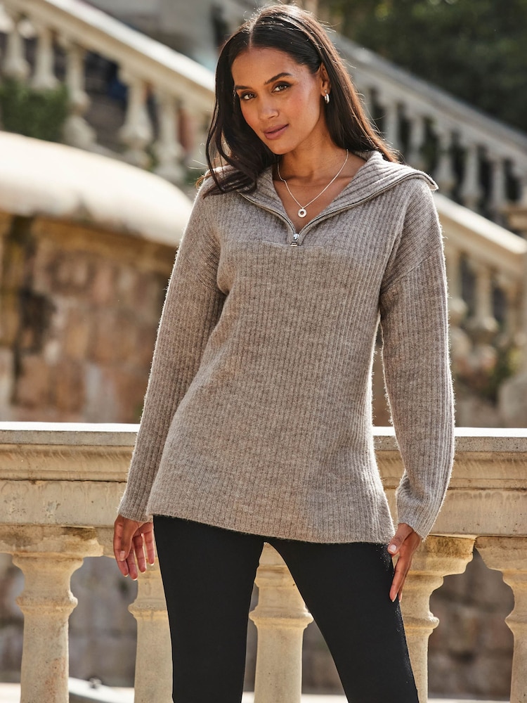 Sosandar Brown Brown Wide Rib Knit Quarter Zip Neck Longline Jumper - Image 1 of 5