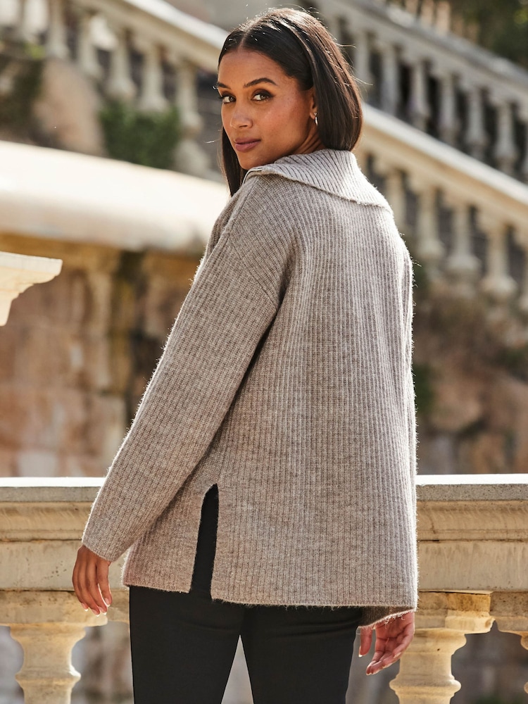 Sosandar Brown Brown Wide Rib Knit Quarter Zip Neck Longline Jumper - Image 2 of 5
