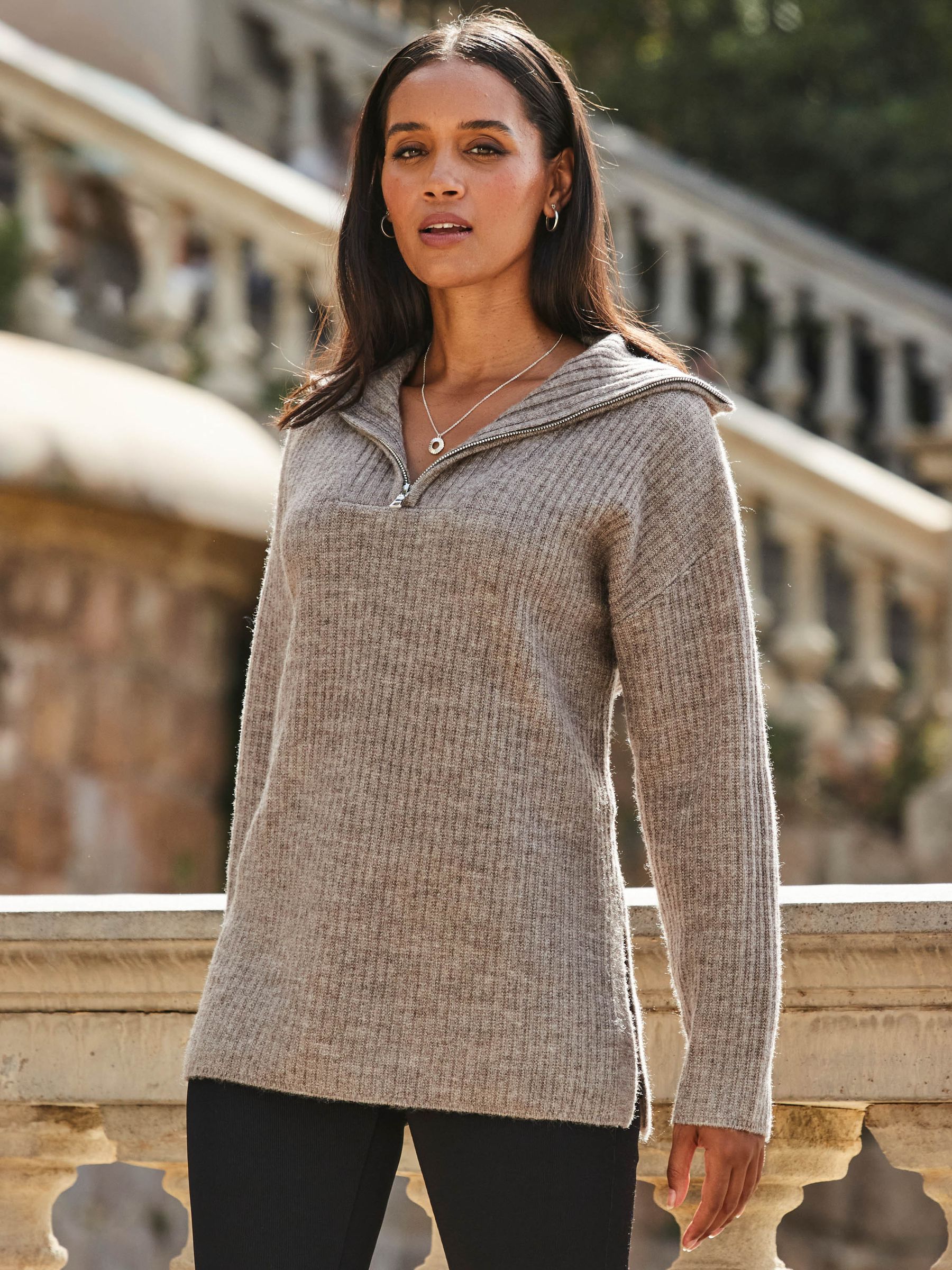 Buy Sosandar Brown Brown Wide Rib Knit Quarter Zip Neck Longline Jumper buy-sosandar-brown-brown-wide-rib-knit-quarter-zip-neck-longline-jumper