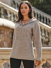 Sosandar Brown Brown Wide Rib Knit Quarter Zip Neck Longline Jumper - Image 4 of 5