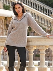 Sosandar Brown Brown Wide Rib Knit Quarter Zip Neck Longline Jumper - Image 5 of 5