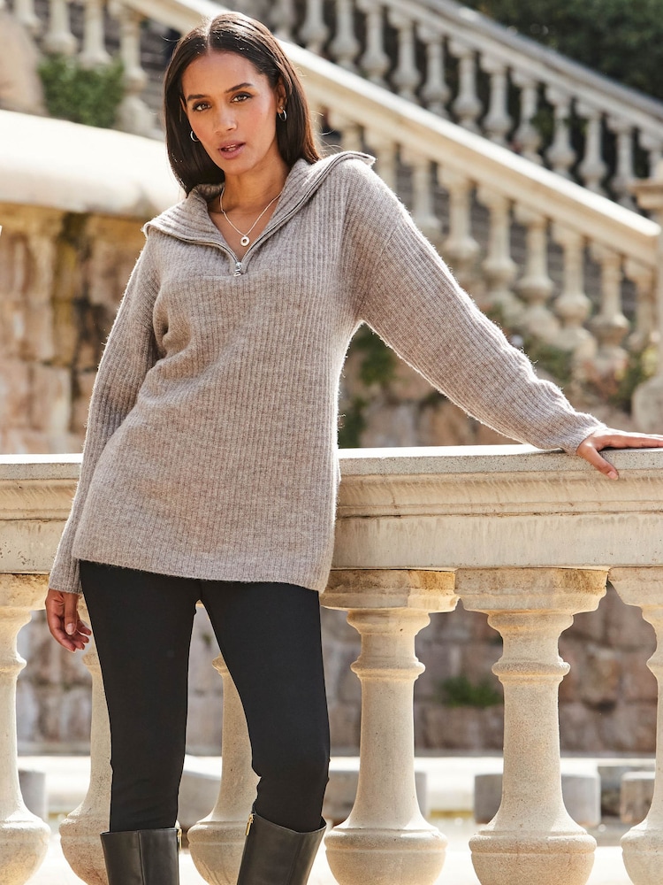 Sosandar Brown Brown Wide Rib Knit Quarter Zip Neck Longline Jumper - Image 5 of 5