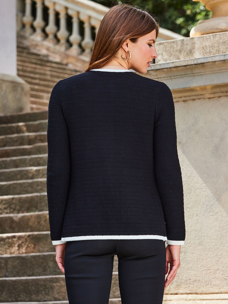 Sosandar Black Contrast Trim Zip Detail Cardigan - Image 2 of 5