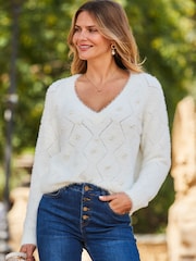 Sosandar Cream Pointelle Pearl Embellished Jumper - Image 1 of 5