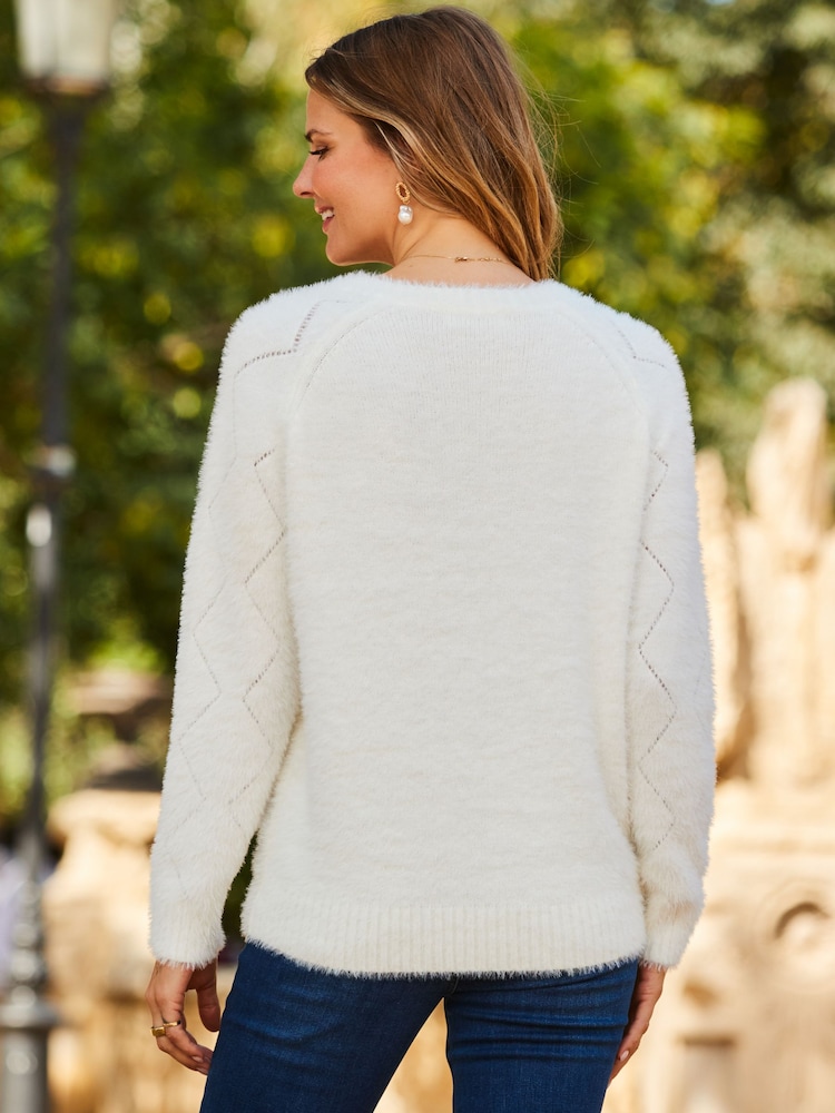 Sosandar Cream Pointelle Pearl Embellished Jumper - Image 2 of 5