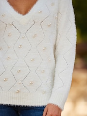 Sosandar Cream Pointelle Pearl Embellished Jumper - Image 5 of 5