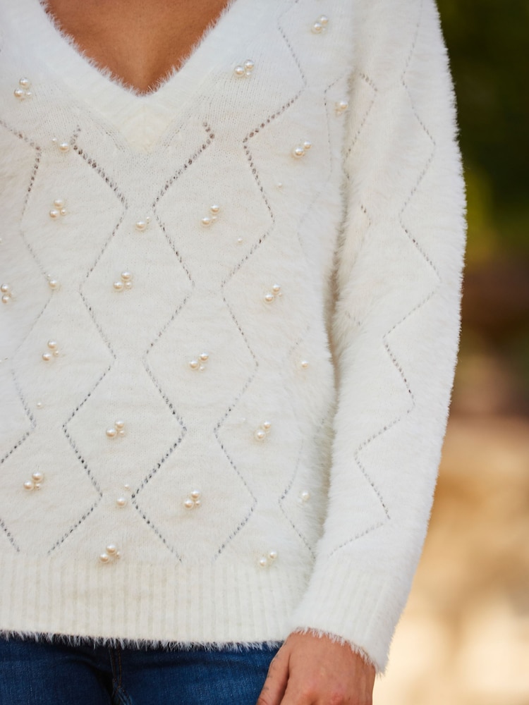 Sosandar Cream Pointelle Pearl Embellished Jumper - Image 5 of 5