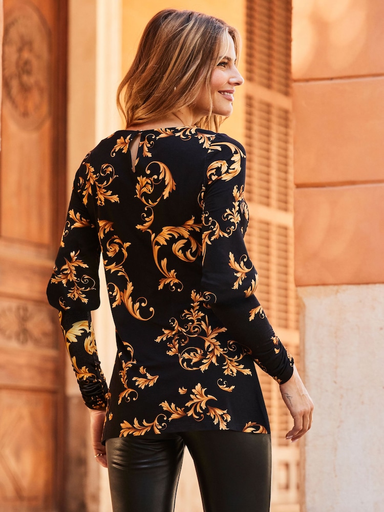 Sosandar Black Baroque Print Frill Sleeve Tunic Top - Image 4 of 4