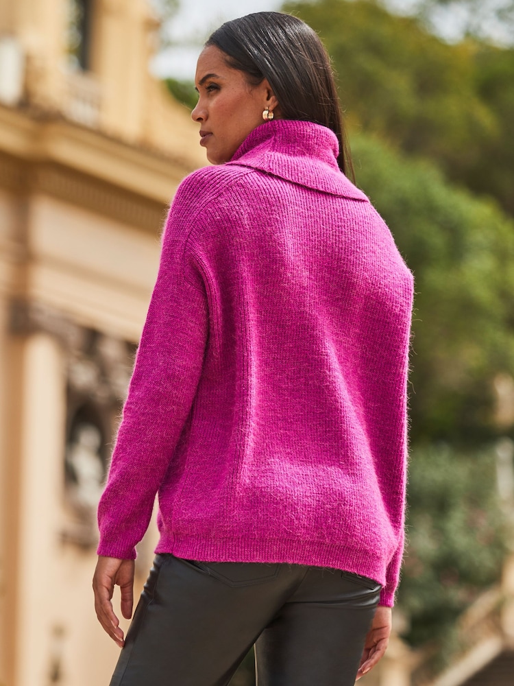 Sosandar Pink Roll Neck Super Soft Knitted Jumper - Image 2 of 5 Sosandar Pink Roll Neck Super Soft Knitted Jumper - Image 2 of 5