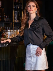 Sosandar Black Satin Shirt With Corsage - Image 4 of 5