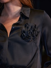 Sosandar Black Satin Shirt With Corsage - Image 5 of 5