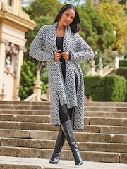 Sosandar Black Herringbone Knit Cardigan With Scarf - Image 1 of 5