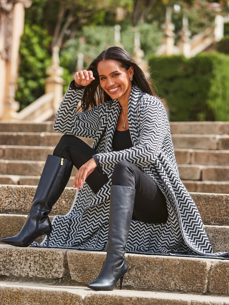 Sosandar Black Herringbone Knit Cardigan With Scarf - Image 5 of 5
