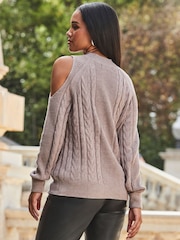 Sosandar Natural Cable Knit Cold Shoulder Jumper - Image 2 of 5