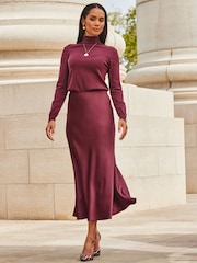 Sosandar Red Satin Midi Skirt - Image 1 of 4