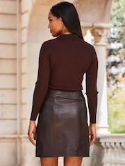 Sosandar Brown Leather Button Front Mini Skirt - Image 2 of 3