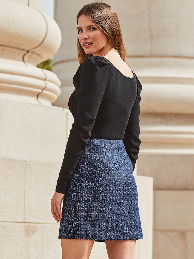 Sosandar Blue Boucle Button Front A-Line Skirt - Image 2 of 5