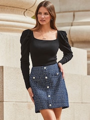 Sosandar Blue Boucle Button Front A-Line Skirt - Image 4 of 5