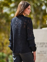 Sosandar Black Floral Jacquard Ruffle Sleeve Blouse - Image 2 of 5
