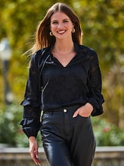 Sosandar Black Floral Jacquard Ruffle Sleeve Blouse - Image 4 of 5