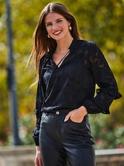 Sosandar Black Floral Jacquard Ruffle Sleeve Blouse - Image 5 of 5