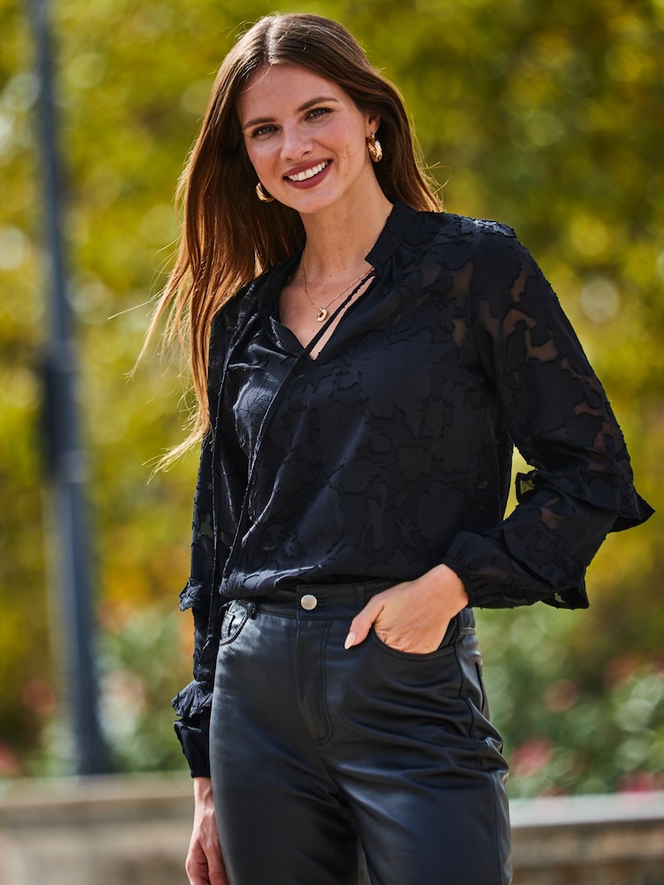 Sosandar Black Floral Jacquard Ruffle Sleeve Blouse - Image 5 of 5