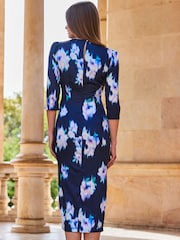 Sosandar Blue Floral Print Ruched Side Satin Midi Dress - Image 2 of 4