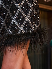 Sosandar Black Luxe Sequin Feather Hem Skirt - Image 5 of 5